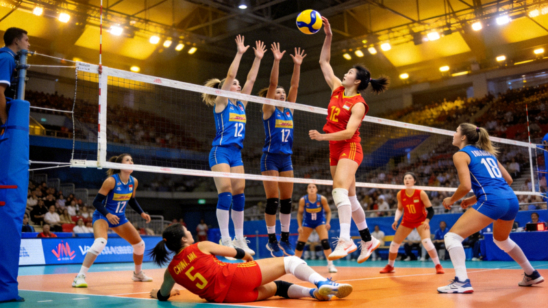 中国女排与意大利女排激烈对抗比赛现场高清图片